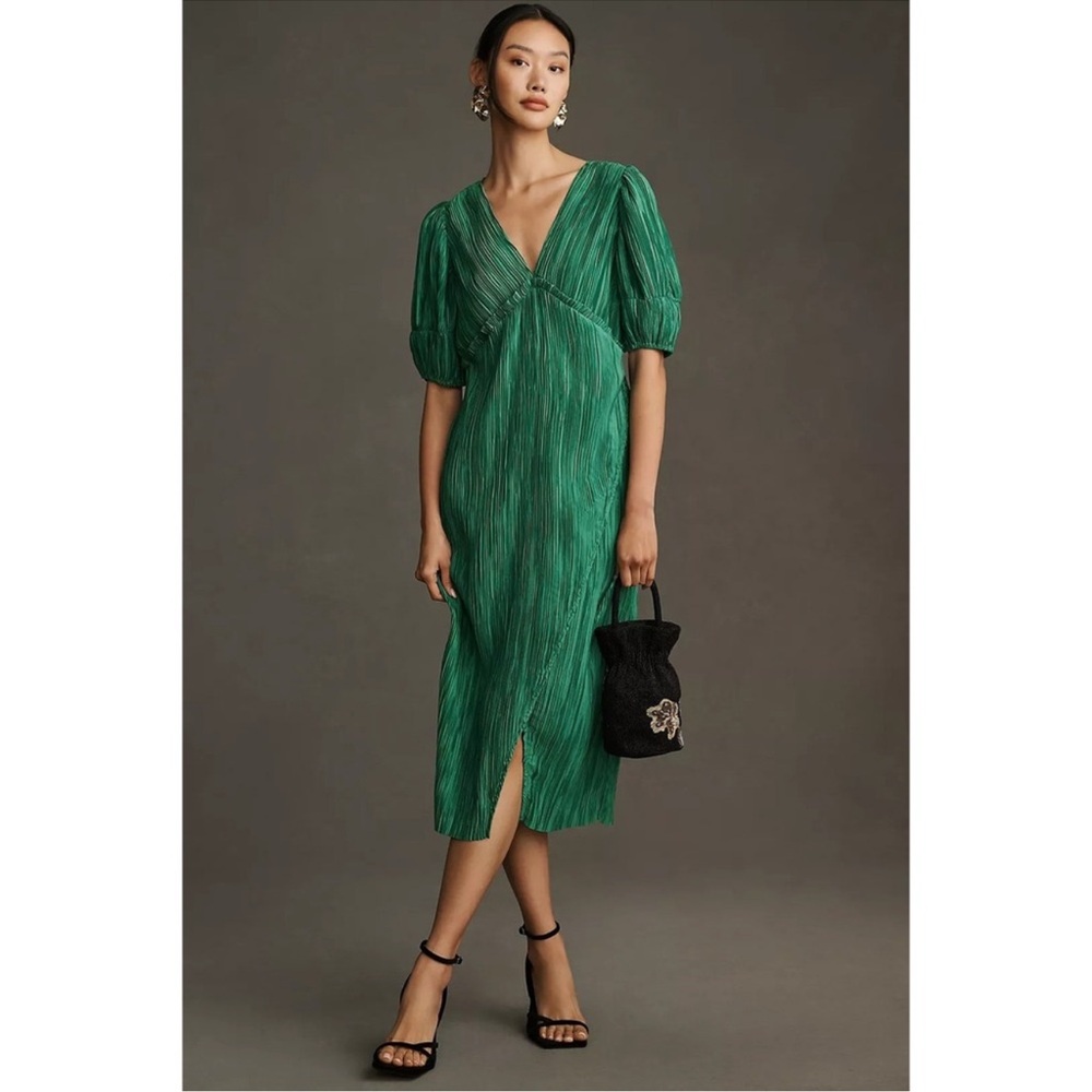 Anthropologie Emerald Green Textured Puff-Sleeve Midi Dress